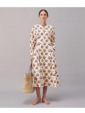 Tory Burch Poplin Cream Midi Dress with Purple and Yellow Floral Print